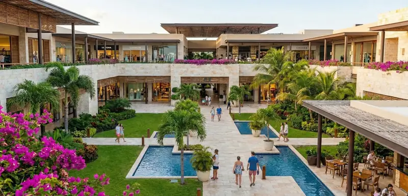 Mantenimiento integral de jardines y áreas comunes en plazas comerciales de lujo en Cancún y Playa del Carmen, con diseño de paisaje tropical, palmeras y limpieza impecable en zonas de alto tráfico.
