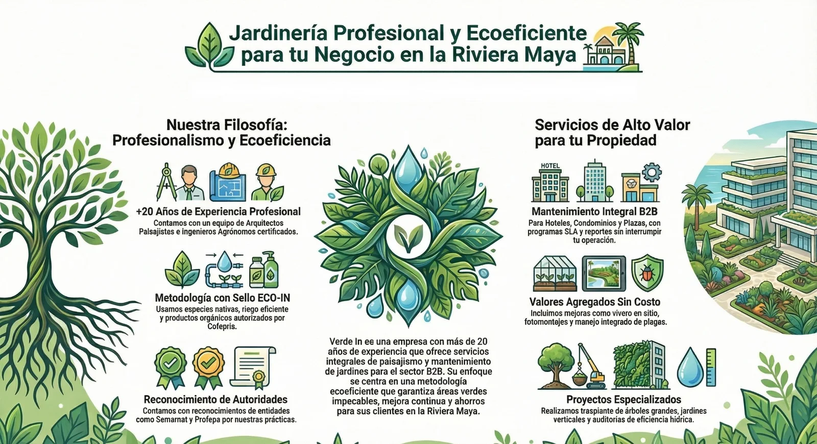 Infografía de los servicios de jardinería profesional de Verde In en Playa del Carmen, especializados en el mantenimiento eco-eficiente para condominios, plazas comerciales y hoteles boutique en la Riviera Maya.